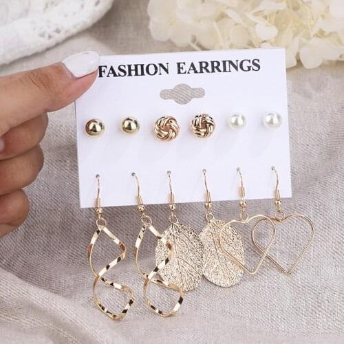 6 Pair/Set Trendy Gold Color Ball Imitation Pearl Heart Leaf Earrings for Women Charm Party Classic Jewelry Accessories