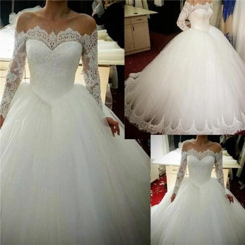 Ball Gown Sweetheart White Ivory Princess Applique Boat Neck Wedding Dresses Ball Bride Gown 2020