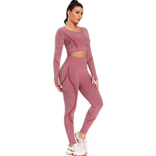 Seamless Yoga Set 2 Piece Sport Set Workout Clothes For Women Long Sleeve Gym Crop Top High Waist Sport Leggings Set
