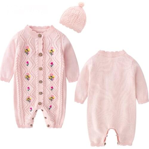 Baby Rompers Cartoon Knitted Autumn Newborn Jumpsuits Embroidery Flowers Girls Clothes Winter Toddler Sweater Children Overall