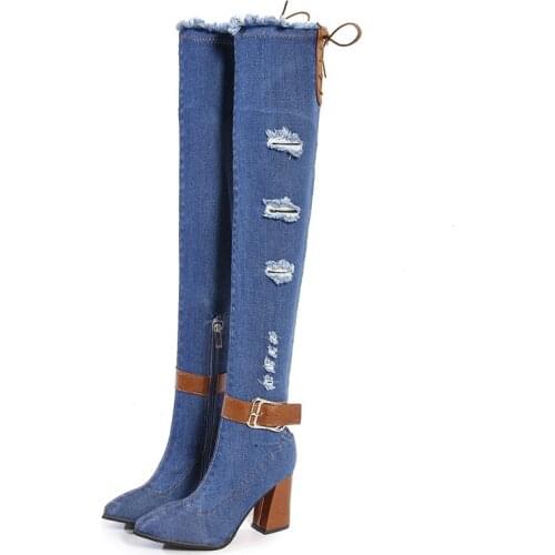 Denim Over The Knee Boots For Women Cut Out Cowboy Long Botines Mujer Buckle Strap Chunky Heels Party Casual Prom Shoes