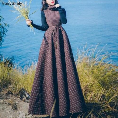 FairyShely Vintage Turtleneck Vest Sweater Maxi Dress Suit Women 2020 Winter Elegant Pullover Plaid Long Dresses Two Piece Set