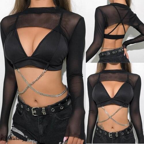 Hirigin Sexy Sheer Crop Top Women Mesh T Shirt 2020 New Long Sleeve Cover Up T-Shirts Transparent Slim T Shirt Tops