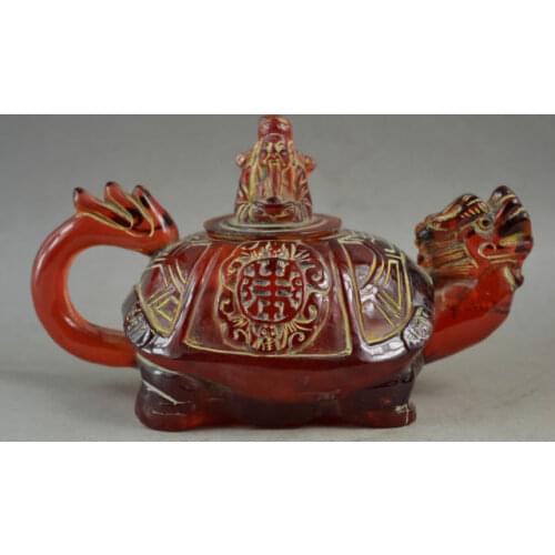 Elaborate Collectibles Old Handwork Artificial Amber Resin Dragon & The God Of Wealth Tea Pot