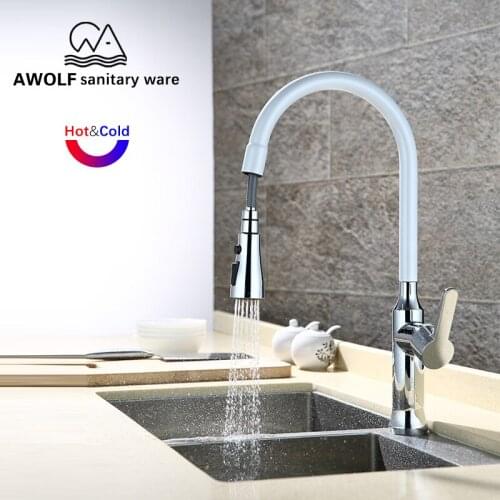 Kitchen Faucet Pull Out Sink Faucet White And Chrome Two Function Sprayer Head Polishing 360 Swivel Tap Single Handle ML8005