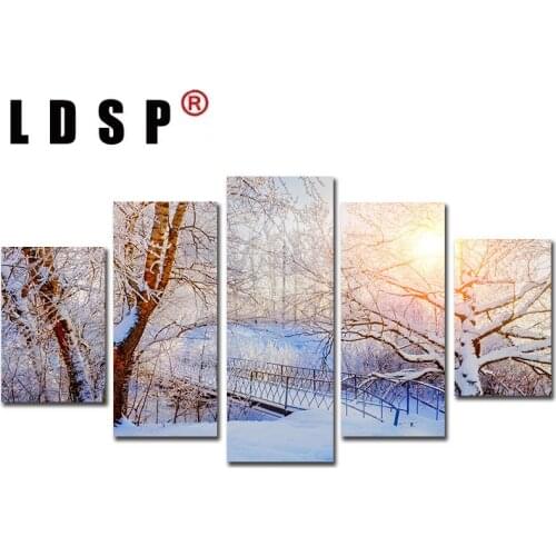 LDSP 5 Pc s Canvas Painting Forest Sunrise Modular HD Printed Snow Landscape Posters Home Decor Print Wall Picture Living Room