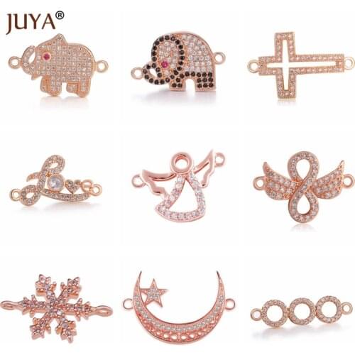 Juya Metal Brass Micro Pave Connectors CZ Elephant Cross Snowflake Moon Charms Connectors for Jewelry Making DIY Bracelet Making