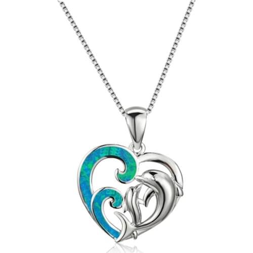 Cute Dolphin Pendant White Blue Fire Opal Heart Wave Necklaces For Women 925 Sterling Silver Animal Jewelry Wedding Necklaces