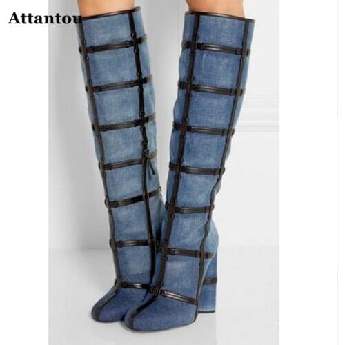 Attantou Fashion Blue Plaid Denim Boots Women Sexy High Heel Shoes Woman Knee High Boots 2017 Long Botas Gladiator Model Booty