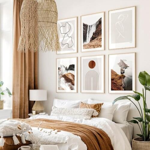 Cloudy Mountain Islands Landscape Canvas Painting Female Sketch Wall Art Lines Poster Print Graphic Shapes Picture Bedroom Decor