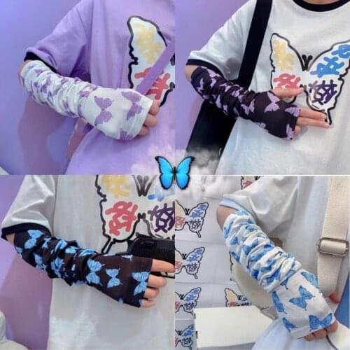 New Trendy Butterfly Print Ice Silk Sleeve Japan Style Lolita Kawaii Girl Anime Arm Cuff Stylish Sunscreen Sun Protective Gloves