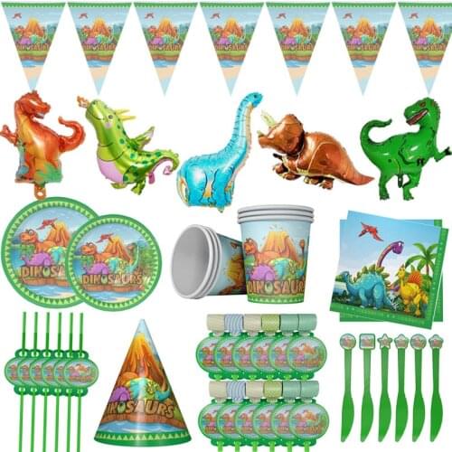 Dino Party Disposable Tableware Happy Brithday Banner Balloons Paper Straws Candy Bags Boy Jungle Dinosaur Birthday Party Decor