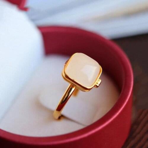 Designer original new natural Hetian jade square opening adjustable sachet ring retro Chinese style ladies silver jewelry