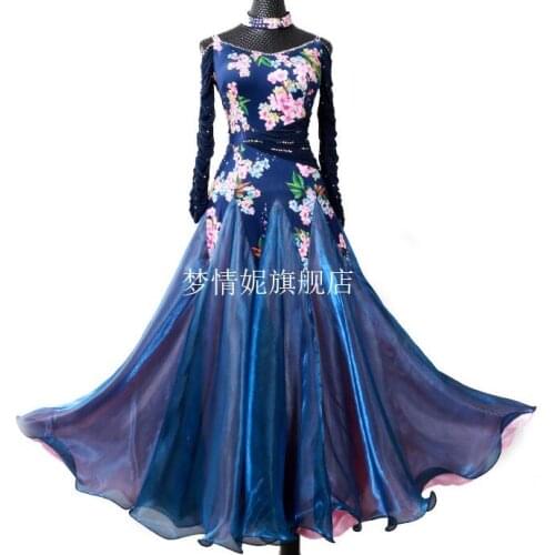 Ballroom Competition Dance Dress Modern Waltz Tango Standard Dress Ballroom Dance Competition Dresses blue flower print