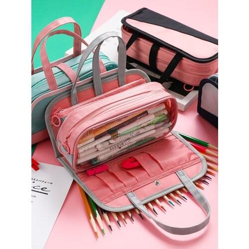 Simple Large Capacity Transparent Pencil Bag Multifunctional Multi-layer Waterproof Oxford Cloth Handbag Pencil Bag Zipper Bag