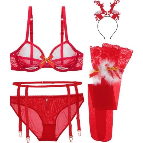 Christmas red underwear New Year gift for wife and lover elk headwear+see through bra+sexy garter belt+panties+plush stockings