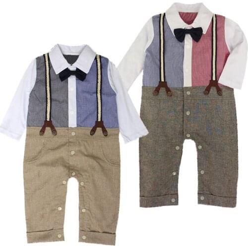 Retail Spring And Autumn New Baby Boys Rompers Gentlemen Flase Strap Long Sleeve One Piece Jumpsuits