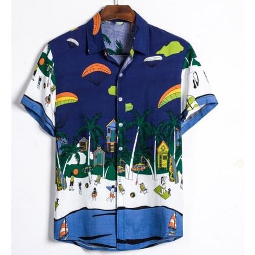 Fashion National Mens sleeve short casual cotton white mens shirt printed Hawaiian Shirt light beach casual shirt