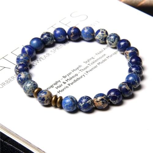 Blue Imperial Jaspe Bracelets For Couples Natural Sea Sediment Stone Beads Bangle Men Gold Spacer Charm Pulsera Women Jewelry