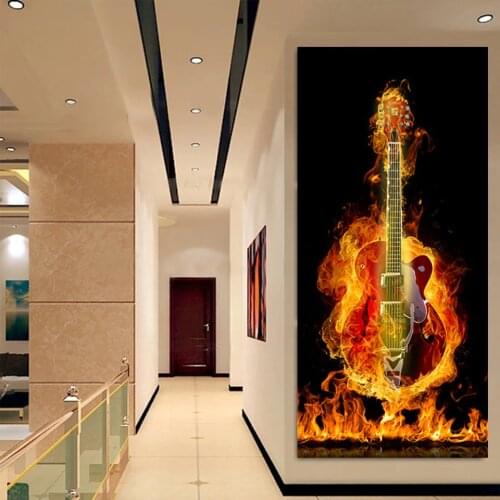 Modern Musical Canvas Painting Instruments Fire Burning Electric Guitar Poster Wall Art Prints Living Room Decoration Pictures