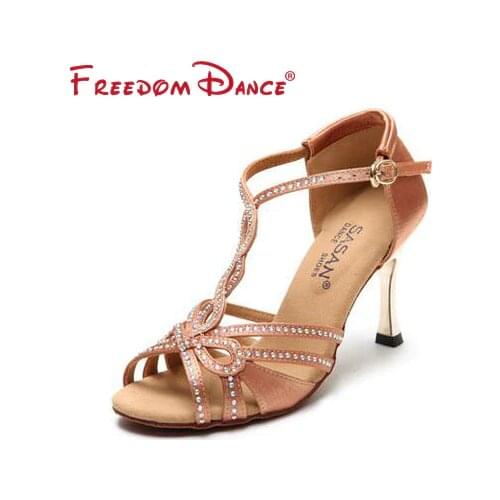T-font Rhinestones Decorated Satin Fabric Womens Latin Dance Shoe 5.5cm 8.5cm Heel Latin Tango Salsa Tango Shoe Girls Sansals