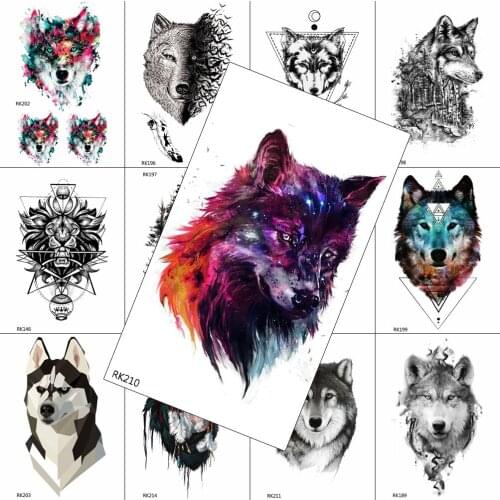 Creative Watercolor Wolf Temporary Tattoos Body Art Painting Arm Legs Tattoo Paper For Men Fake Realistic Sheet Sticker Holiday