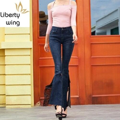 Streetwear Women Sexy Lace Skinny Split Jeans Office Ladies Slim High Waist Denim Trousers Female Bell-bottomed Flare Pants