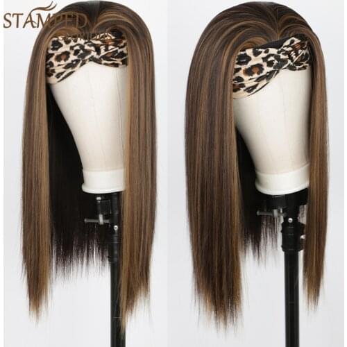 Stamped Glorious Straight Highlight Headband Wig Synthetic Wigs for Women Mixed Brown Ombre Honey Blonde Daily Party Cosplay Wig