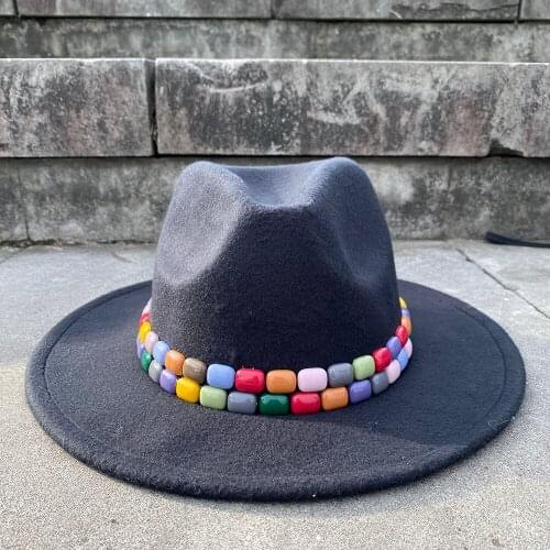 2Size Wool Women Black Fedora Hat Acrylic Gems Wide Brim Jazz Church Cap Panama Sun Top Hat