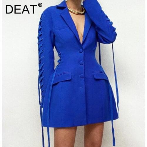 DEATwomen Coat Blue Solid Notched Long Sleeve Bandage Cross Slim Waist Casual Style Jackets 2021 New Autumn Fashion 15JK426