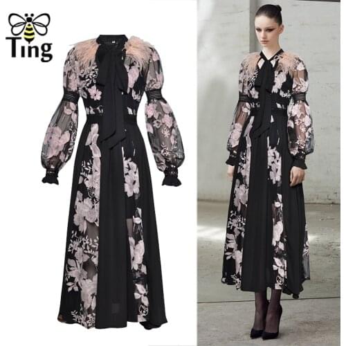 Tingfly Designer Chic Women Autumn Floral Embroidery Midi Length Dress Sheer Mesh Vintage Black Swan A-line Elegant Vestidos