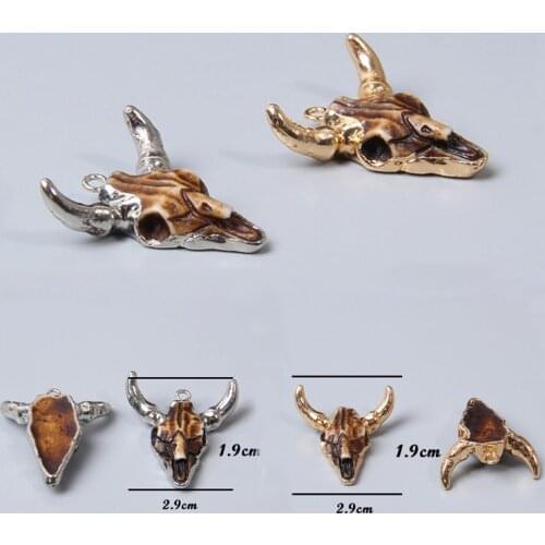 2pcs gold silver color 3D Cow Bull Ox Head Skull Carved YoGa Pattern Pendant charm Necklace Women&Men Vintage Jewelry making