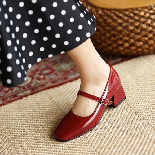 2021 Large Size 33-48 Women Pumps Square Heels Ladies Mary Jane Shoes Summer Shallow Party Casual Shoes Black Apricot