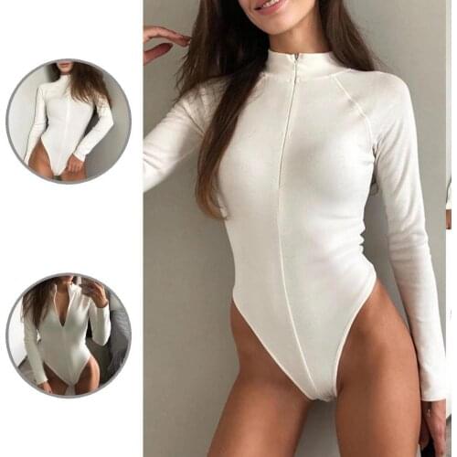Breathable Stylish Zipper Neck Briefs Cut Bodycon Bodysuit Skin-friendly Autumn Bodysuit Long Sleeve for Daily Wear