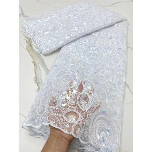 French White Lace Fabric 2021 High Quality Embroidery African Sequins Lace Nigerian Tulle Fabrics 5 yards/pcs For Sewing