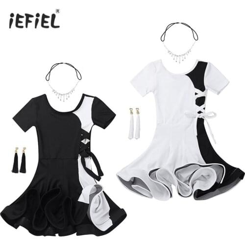IEFiEL Kids Girls Latin Dancewear Outfit Girls Dress Color Block Short Sleeves Ballet Latin Dance Dress with Headwear Earrings