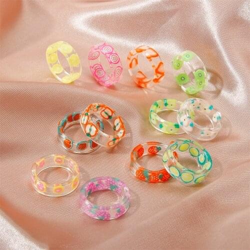 Korean Fashion Cute Fruit clear Resin Rings for Men women Girls Transparent Acrylic Finger Rings Bohemian summer Vacation Rings