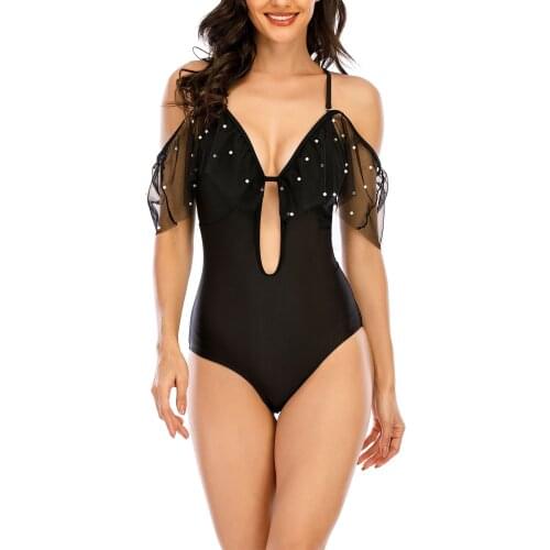 Womens Sexy Spot Printing Swimsuit, Classic Mesh Sleeve Sling Bodysuit, Low Collar High Waist Swimming Suit