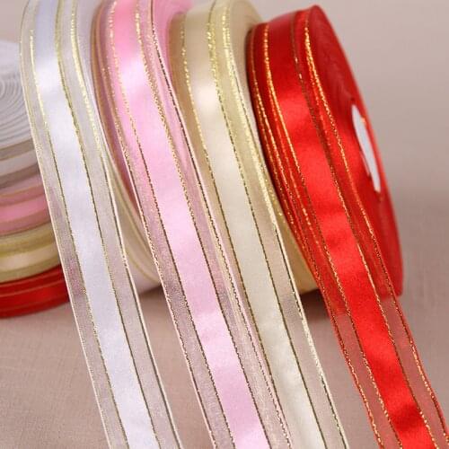 25mm Gold Edge Chiffon Organza Ribbons 45Meters/Roll for Birthday Party Cake Box Decoration Wedding Christmas Gift Box Wrapping
