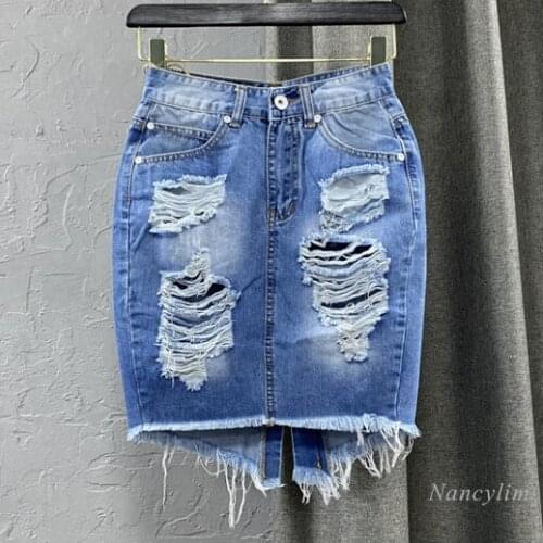 Summer Holes Hip Skirt Womens Sexy One-Step Skirts Do The Old Denim Juper Femme Blue Slim Fit 2021 Nancylim
