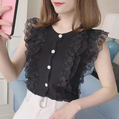 LJSXLS Fashion Lace Patchwork Cardigan Sleeveless Women Sweater 2021 Korean Summer Tops Womens O Neck Slim Casual Knitted Vest