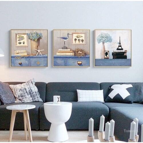 Nautical Landscape Poster Shell Seaweed Wall Art Bird Fish Canvas Art Painting Work Living Room Decoration Bathroom Picture