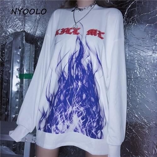 NYOOLO Autumn Harajuku Streetwear Flame Print white t shirt Casual Long Sleeve O-neck T-Shirt women/men clothing tops tee