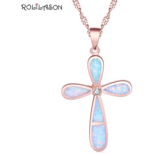ROLILASON simple style cross rose gold necklace pendant white opal wedding gift fashion new OP841