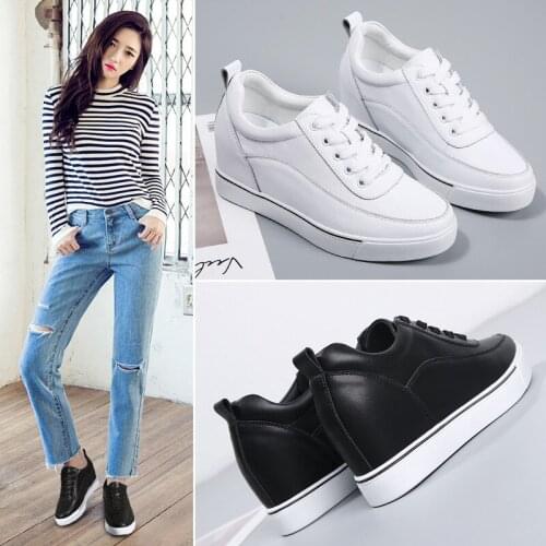 New Flat Korean Casual Shoes Four Seasons All-Match Fashion Womens Shoes Genuine Leather Pumps Hidden Heel White Shoes Womens