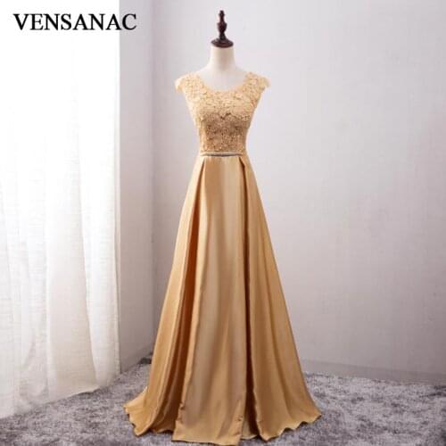 VENSANAC 2018 A Line O Neck Crystals Sash Long Evening Dresses Elegant Bow Tank Lace Embroidery Party Prom Gowns