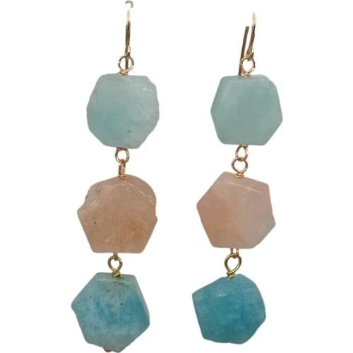 Y·YING Natural Hexangular Aquamarines Morganite Dangle Gold Plated Hook Earrings