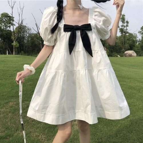 Japanese Summer New Style Western Style Ageing Puff Sleeve Princess Dress Sweet Bow a Word Girls Dress Women lolita dress