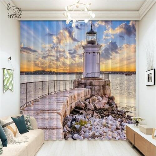 Cartoon Blue Sailing Lighthous Window Curtain Garden Curtain Rod Home Living Room Decoration Sea Bathroom Curtains Micro Shading