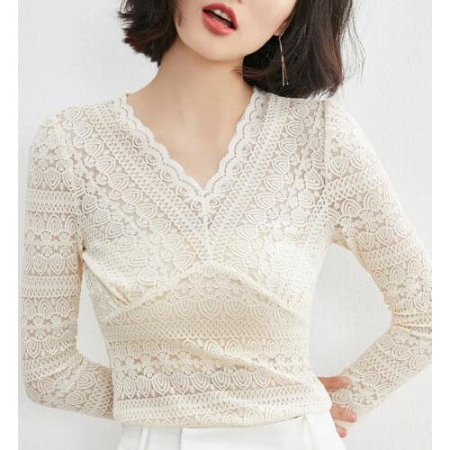 Womens Spring Summer Style Lace Blouse Shirt Womens Hollow Out Long Sleeve Solid Color V-neck Elegant Slim Tops DD8405